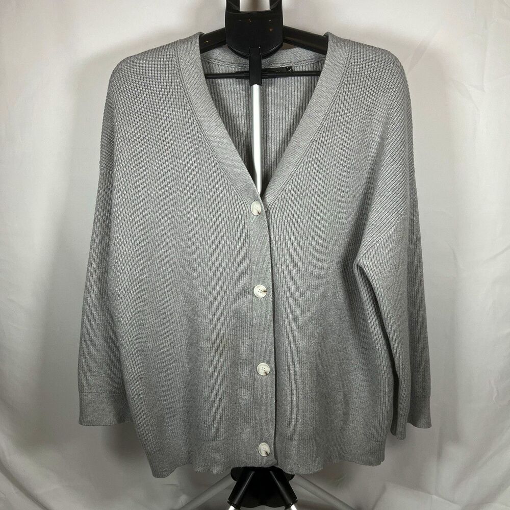 MEROKEETY Cardigan Sweater Gray Rib-Knit V-Neck Button Front Size XL
